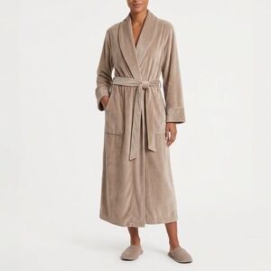 Pure Fiber Wrap Bathrobe Unisex Large Beige Stretch Fleece Tie Belt Shawl Collar
